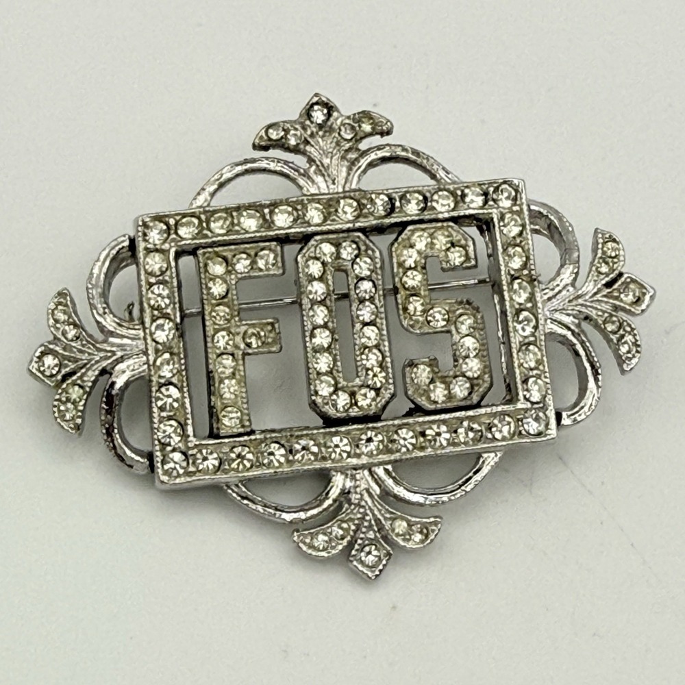 Vintage ORA FOS Rhinestone Brooch Silver Tone Initial Letter Monogram Pin
